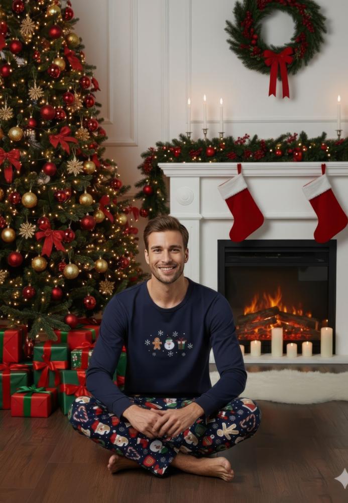 Pijama barbati Craciun,maneca lunga si pantaloni lungi,imprimeu figurine festive,En-gros